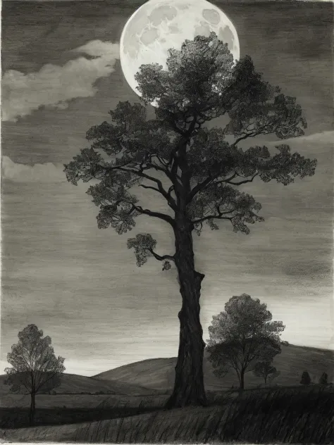 masterpiece, a drawing of a full moon with trees in the foreground dark sky and clouds in the background, (a charcoal drawing)  ...