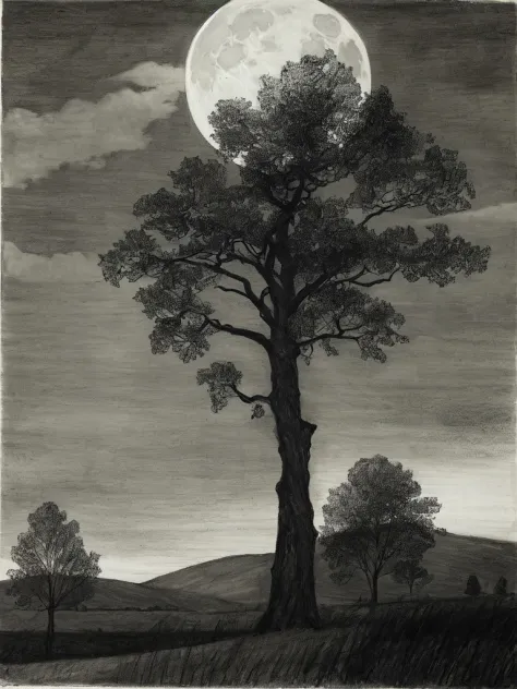 masterpiece, a drawing of a full moon with trees in the foreground dark sky and clouds in the background, (a charcoal drawing)  <lora:DragonfruitGT_MINT:1.0>