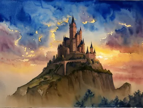 masterpiece, a castle on a hill with a sunset in the background and clouds in the sky above it, (a watercolor painting) <lora:Dr...