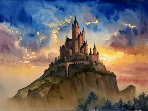 masterpiece, a castle on a hill with a sunset in the background and clouds in the sky above it, (a watercolor painting) <lora:DragonfruitGT_MINT:1.0>