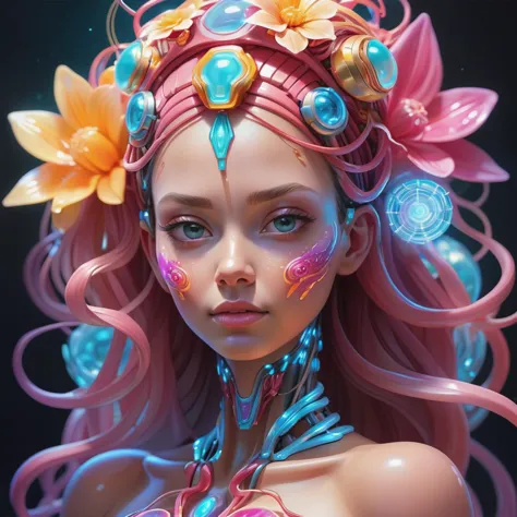 a close up of a woman with pink hair and a flower headpiece