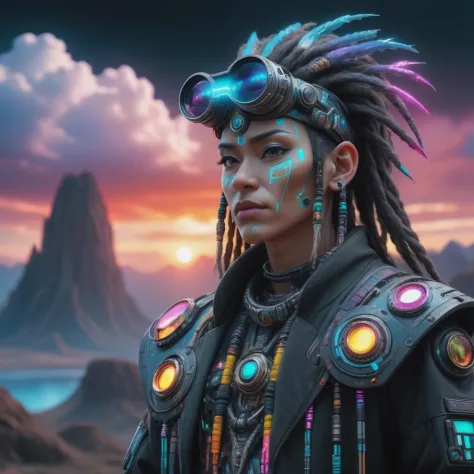 hologram of long shot scenic professional photograph of A cyberpunk shaman , perfect viewpoint, highly detailed, wide-angle lens...