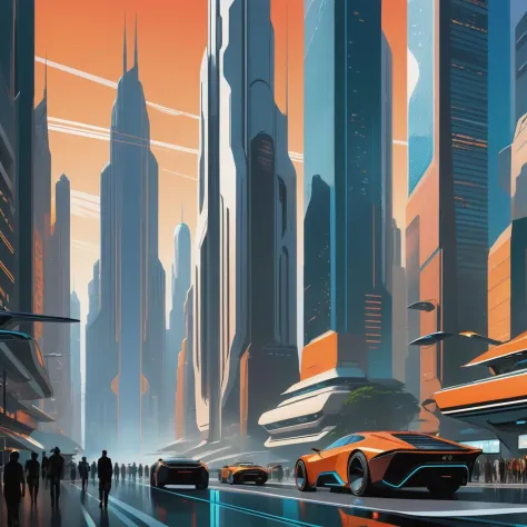 un paisaje urbano futurista con imponentes rascacielos, vehículos voladores, y una población diversa de humanos y robots, pintado en un estilo de arte conceptual inspirado en Syd Mead, Con un enfoque en el detalle y el realismo., Vector art, colores vívidos, Lineas limpias, bordes afilados, minimalista, Geometría precisa, Simplista, curvas suaves, contornos en negrita, formas nítidas, colores planos, Ilustración de obra, alto contraste shadows, Ilustración técnica, Diseño gráfico, gráficos vectoriales, alto contraste, Ilustraciones de precisión, Composiciones lineales, Obra escalable, arte digital