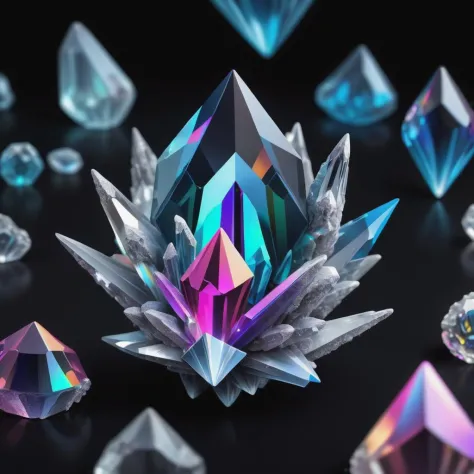 hologram of  crystals floating in space, a vibrant digital illustration, dribbble, quantum wavetracing, black background, behanc...