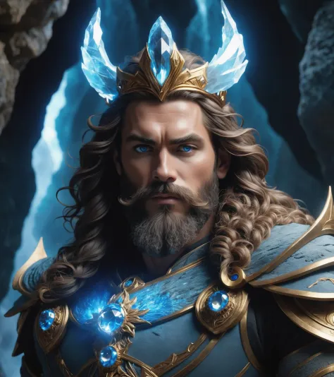 hologram of a award winning heroic shot of a mountainking in a stunning detailed showcave, epic mountainking meditate about life, long curly beard, glowing blue eyes, cave is like a big dome, fantastic stalagmites and stalactites, cinematic lighting, moody lights, heroic pose, in the style of photorealistic fantasy, still from a oscar winning fantasy movie, detailed crown out of rock, shot on arri Alexa xf, 50mm zeiss supreme prime lens, clear and sharp focus, shallow dof, fantasycore, stonecore, beautifully color graded, dynamic composition floating in space, a vibrant digital illustration, dribbble, quantum wavetracing, black background, behance hd