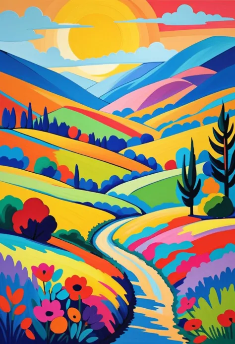 Fauvist Landscape: A vibrant and colorful landscape with bold brushstrokes and unnatural colors, inspired by Henri Matisse.