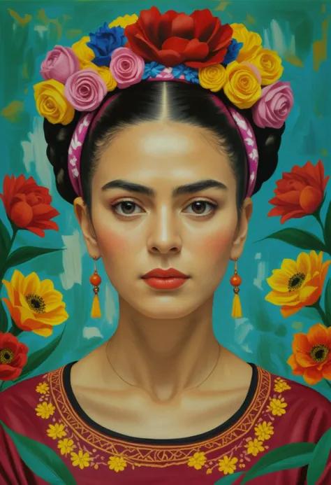 Stil von Frida Kahlo: Ein Selbstbildnis einer Frau mit starkem Blick, geschmückt mit traditionellen mexikanischen Blumen in ihrem Haar.  