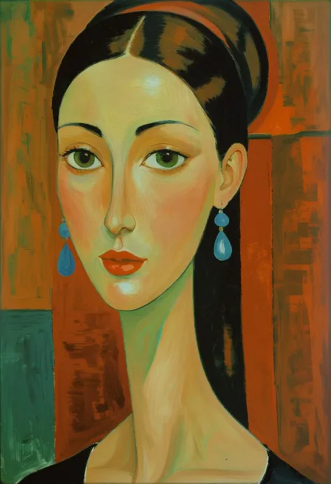Style of Amedeo Modigliani: A portrait of a woman with an elongated neck and almond-shaped eyes, adorned with large earrings.  <...