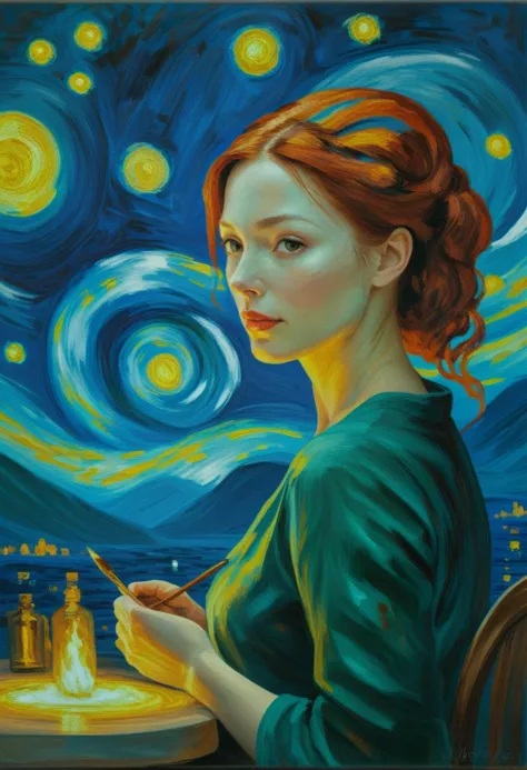Van Gogh: A woman with vibrant red hair and swirling brushstrokes, bathed in the warm glow of a starry night.  oil painting,  <l...
