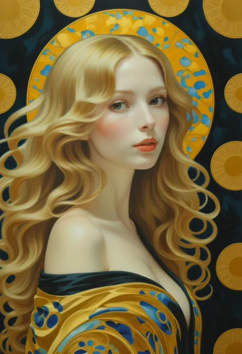 a painting of a woman with long blonde hair and a yellow hat