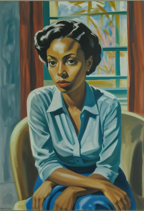 Style of Alice Neel: A woman of color, boldly confronting the viewer with her gaze and expressive posture.  <lora:rough-oil-sat-...