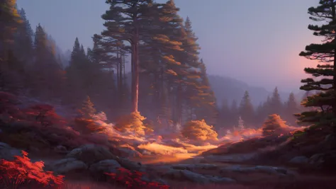 deep in a red tinted pine forest at dusk, foggy, ground view, matte painting, rocky, waterfall in distance, stunning detail, 4k, hd, clean, full of detail, sharp focus, rule of thirds by Makoto Shinkai, thomas kinkade, Karol Bak, trending on artstation