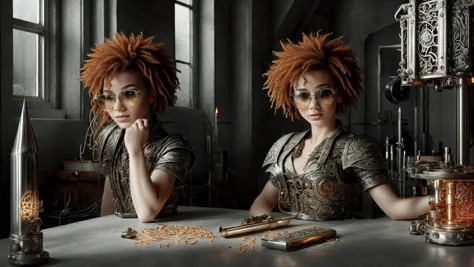 an awarded photo of a tiny skiny 1girl  with twist-out red - orange hair inventor with steampunk lelements and outfift in her mistery workshop, industrial areana, detailed skin, detailed face, ultradetailed, ultrasahrp, masterpiece, perfect quality, full body, natural lights, natural shadows, realistic shadows, ambient oclusion, boekh, realsitic, ultrarealsitic, photorealsitic  tools in her hand, screwdriver, metalic glasses, table with tools,metal parts, reparing clock , magic analog pocked clock in her hand, checking time,  freckles on the face, dramatic lights, dynamic ,  epic light rays on face, epic moment , inricate details, hdr, 8k wallpaper, best quality <lyco:GoodHands-beta2:0.6> , realistic, sun rays from window, magic blue crystals on table glowing with red runes,    white skin <lora:VampiricTech:1>