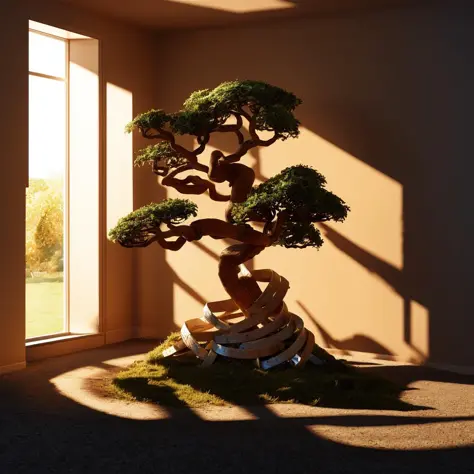 (masterpiece, best quality:1.2), ultra detailed, cinematic lighting, HDR, ilustration,a sculpture of a tree made of strips of wo...