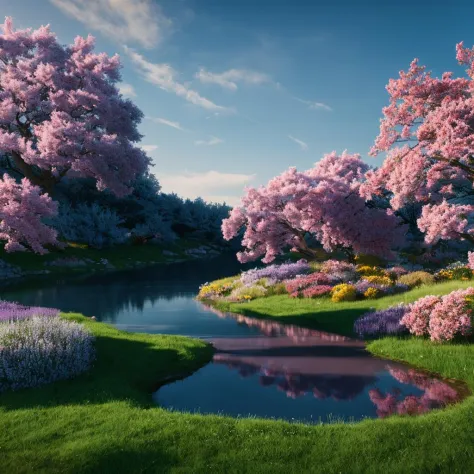 (masterpiece, best quality:1.2), ultra high res, 8k uhd, dslr, high quality,(photorealistic:1.4), ultra detailed, cinematic lighting, HDR,calm lake, lilac color, lots of grass, high and low flowers
,motion design,C4D,rendering,light and shadow,