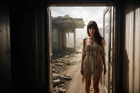 a woman in a dress standing in a doorway in a ruined building