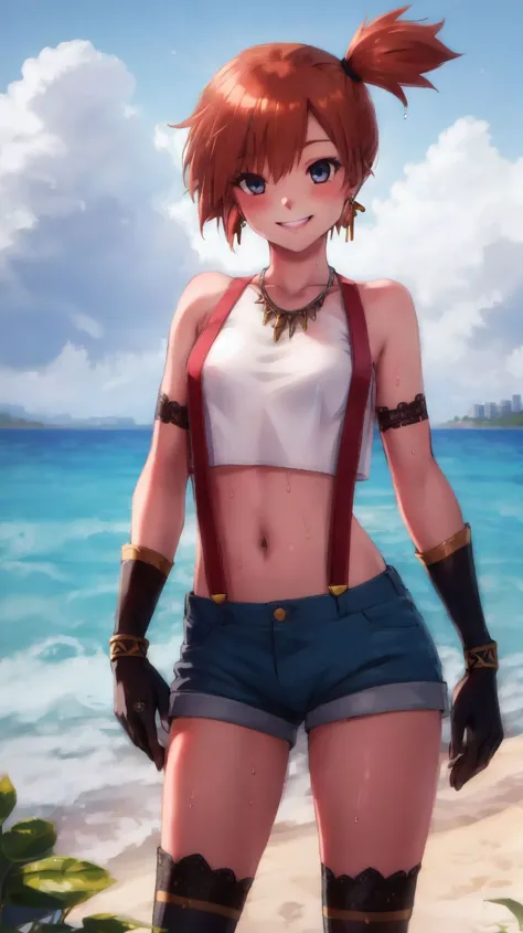 a woman with red hair and blue shorts standing on a beach