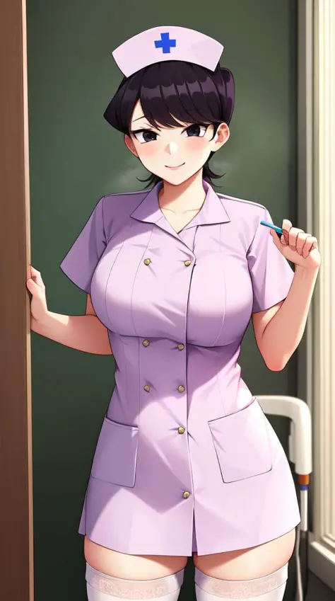 pixel-Komi-Shuuko, 1girl, solo <lora:komi-Shuuko-LoRA:0.6>, 1girl, nurse's uniform, white stockings, hospital, masterpiece, best quality <hypernet:myhands_22k:0.75>