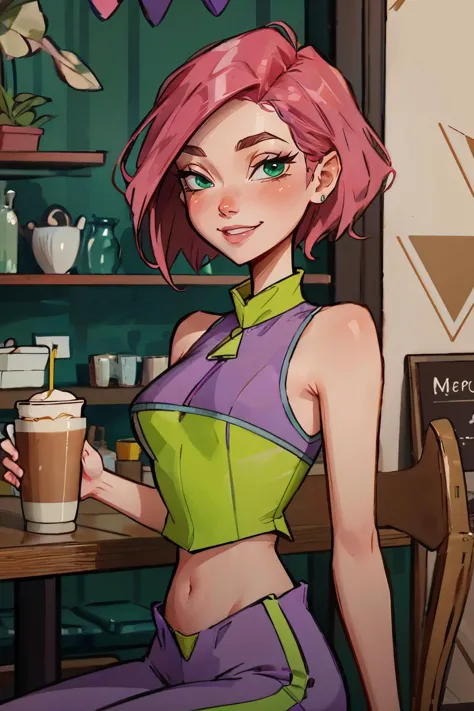 Tecna,short pink hair, green eyes,CasualOutfit, sleeveless purple and green croptop, looking at viewer, smiling,upper body shot, sitting, behind table, inside cozy cafe, holding coffee cup, playful ambiance,  high quality, masterpiece, 