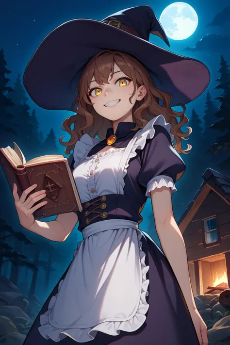 a woman in a witch costume holding a book in front of a house