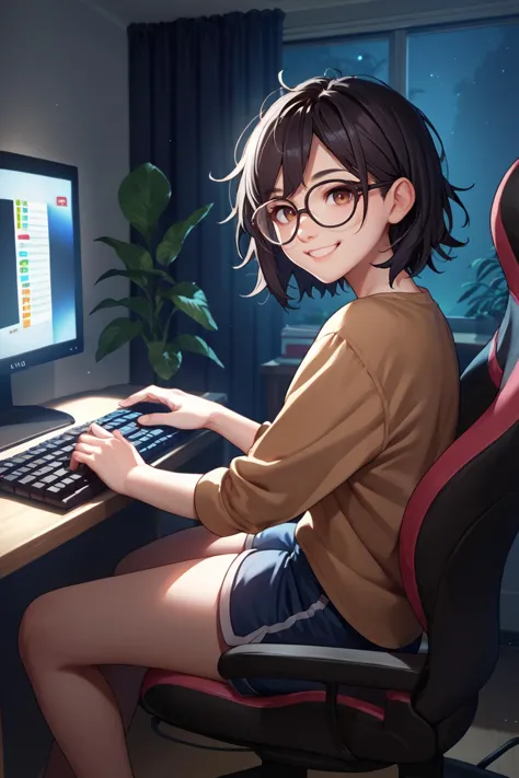 score_9, score_8_up, score_7_up, source_anime, looking at viewer, smile, 1girl, black hair, medium hair, brown eyes, glasses, shirt, shorts, sitting, indoors, gaming chair, desk, indoors, night, bedroom, dark room, screen light, monitor, keyboard (computer)