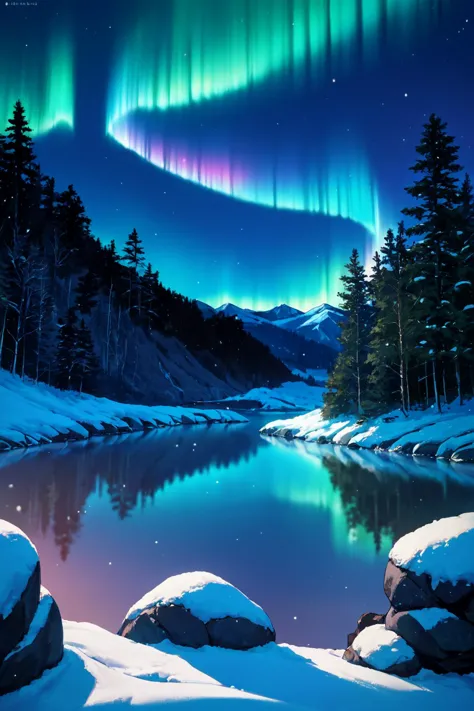 score_9, score_8_up, score_7_up, source_anime, no humans, outdoors, night, landscape, snow, rock, lake, aurora, forest