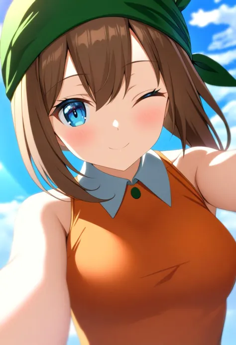 anime girl with blue eyes and a green hat on