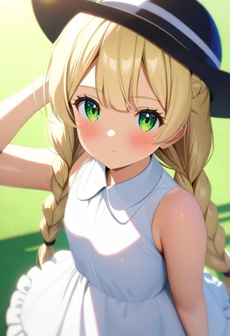 anime girl with long blonde hair wearing a hat and dress