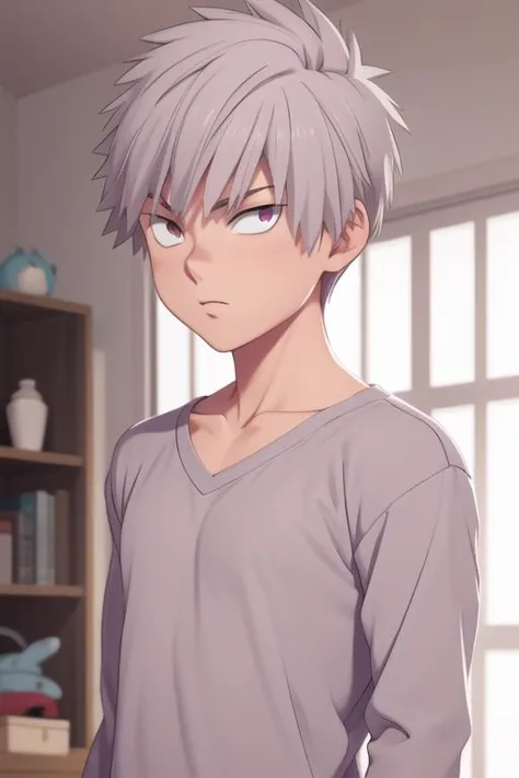 masterpiece, best quality, high quality, 1boy, solo, male focus, looking at viewer, upper body, <lora:shiki_tademaru:0.74>, shiki_tademaru, , grey hair, , pajamas