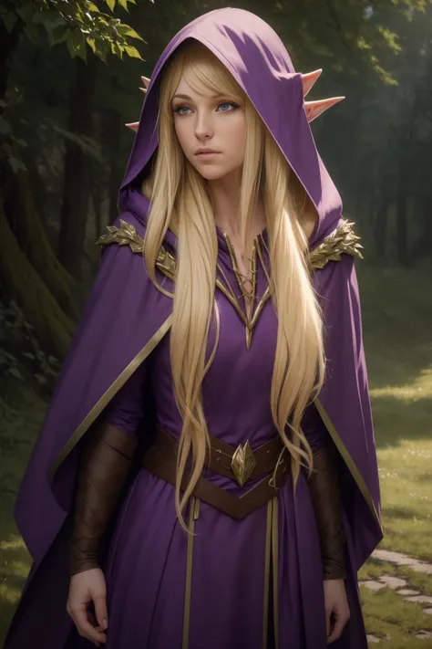 realistic analog photo, award winning photo,
<lora:NinaAslato:0.5> NinaAslato, 1girl, elf, pointy ears, blonde hair, long hair, purple eyes,   
 <lora:FantasyDruid:0.75> FanDru, deep purple robes, rope lace, earthen hooded cape,  ,
RAW, highres, 8k, uhd, High Dynamic Range, tonemapping, crisp details,