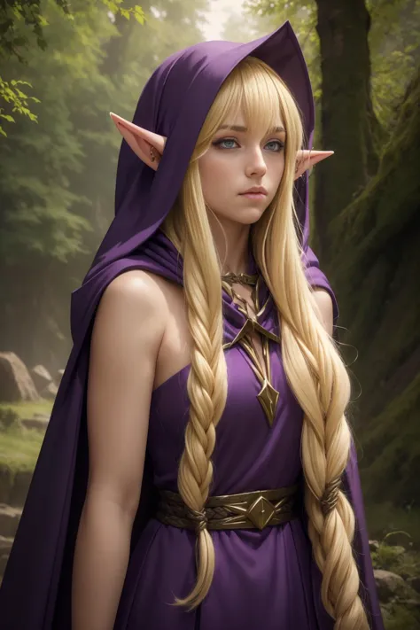 realistic analog photo, award winning photo,
<lora:NinaAslato:0.5> NinaAslato, 1girl, elf, pointy ears, blonde hair, long hair, purple eyes,   
 <lora:FantasyDruid:0.75> FanDru, deep purple robes, rope lace, earthen hooded cape,  ,
RAW, highres, 8k, uhd, High Dynamic Range, tonemapping, crisp details,