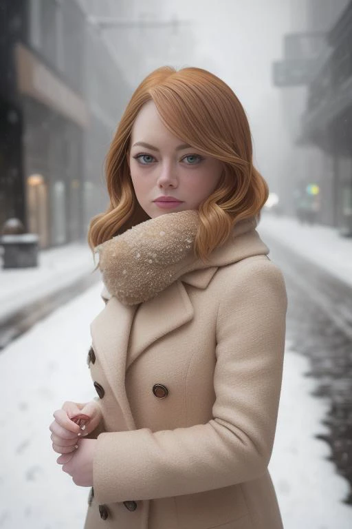 professional portrait photograph of a gorgeous (emmastone) in winter clothing with short wavy blonde hair, freckles, beautiful symmetrical face, cute natural makeup, wearing elegant winter fashion clothing, ((standing outside in snowy city street)), stunning modern urban upscale environment, ultra realistic, concept art, elegant, highly detailed, intricate, sharp focus, depth of field, f/1. 8, 85mm, medium shot, mid shot, (centered image composition), (professionally color graded), ((bright soft diffused light)), volumetric fog, trending on instagram, trending on tumblr, hdr 4k, 8k,  