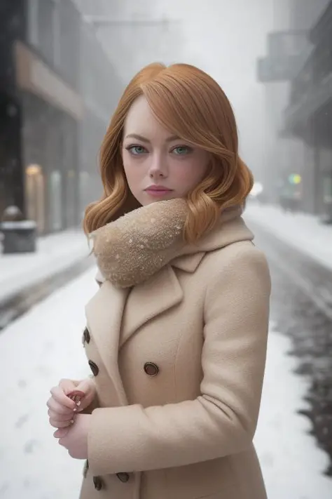 professional portrait photograph of a gorgeous (emmastone) in winter clothing with short wavy blonde hair, freckles, beautiful s...