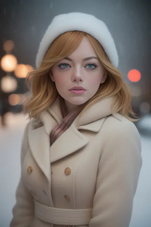 professional portrait photograph of a gorgeous (emmastone) in winter clothing with short wavy blonde hair, freckles, beautiful symmetrical face, cute natural makeup, wearing elegant winter fashion clothing, ((standing outside in snowy city street)), stunning modern urban upscale environment, ultra realistic, concept art, elegant, highly detailed, intricate, sharp focus, depth of field, f/1. 8, 85mm, medium shot, mid shot, (centered image composition), (professionally color graded), ((bright soft diffused light)), volumetric fog, trending on instagram, trending on tumblr, hdr 4k, 8k,  