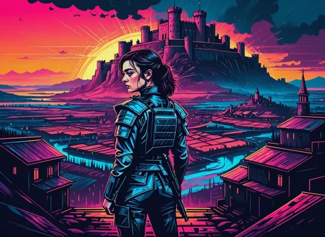 (Maisie Williams), la nuit, ville cyberpunk, sombre, il pleut, néons , (DonML4zrP0pXL,), cyberpunk, synthwave, années 1980, Futurisme, brutalisme, neuromancien, photo cinématographique dans un placard, équilibre radial, lever du soleil, eau, Ellipse, ultra détaillé, complexe,,Au milieu des ruines d&#39;une forteresse autrefois majestueuse, un soldat fait une pause, sa silhouette fantomatique sur fond de terrains changeants qui oscillent entre cartes de bataille détaillées et paysages en fusion, tornade, arbres stériles, menaçant,,L&#39;arrière-plan est un superbe paysage de village européen du XVIIe siècle, detailed and complexe environment, peinture à l&#39;huile, coups de pinceau doux au couteau à palette, coups lourds, peinture qui coule, station d&#39;art à la mode, netteté, complexe details, très détaillé