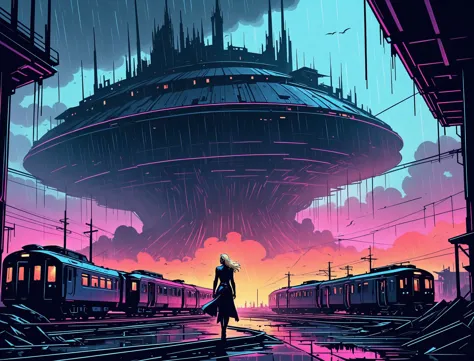 a woman standing in front of a train station with a spaceship in the background