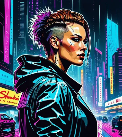 a woman with mohawk hair and a black jacket in a city