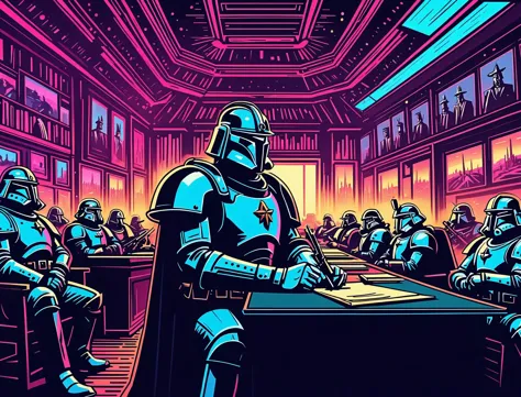 a group of people in a courtroom with a star wars scene