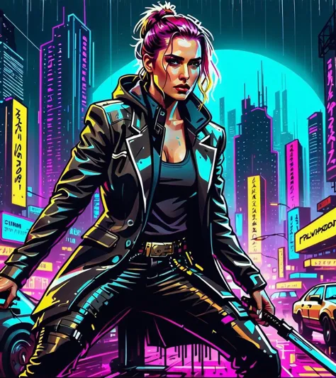 cyber girl with gun in city at night