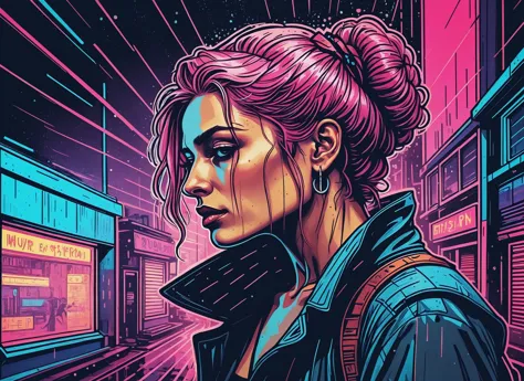 a woman with pink hair and a black jacket stands in front of a neon city