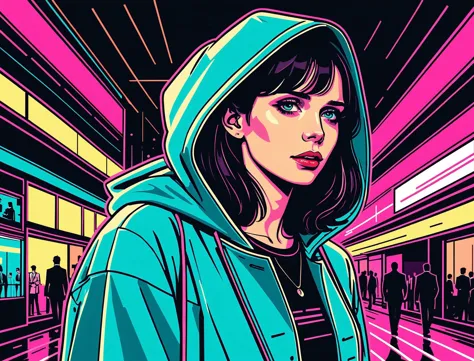 (Felicity Jones), nighttime, cyberpunk city, dark, raining, neon lights ((,Wearing a blazer over a hoodie)), blazer, hoodie, (<l...
