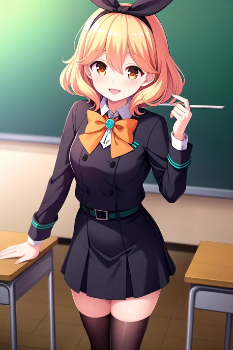 anime girl in a school uniform holding a wand in front of a blackboard