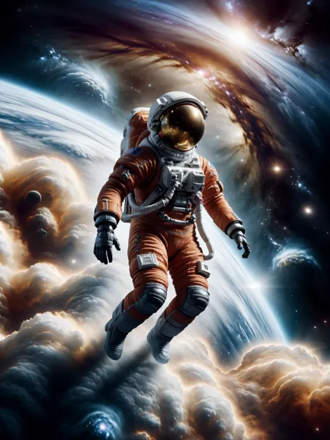 an astronaut floating in space with a planet in the background