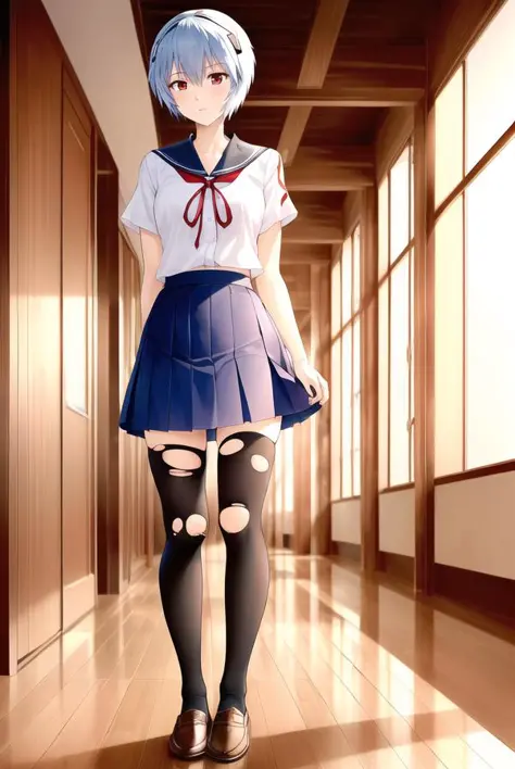 masterpiece portrait of aroused Rei Ayanami \(evangelion\), evangelion \(Hideaki\), caustics, textile shading, high resolution illustration, red eyes, feminine, no pupils, blue hair,  short hair, japanese school uniform, loafers, detailed school, japanese school hallway, japanese modern school in Tokyo, soft light, black stockings, torn stockings, indoors, wooden floor, hallway, at night, neon light