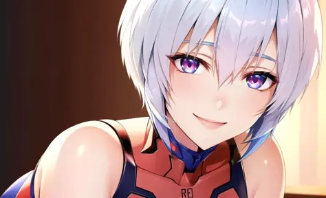 masterpiece portrait of smiling rei ayanami \(evangelion\), evangelion \(hideaki\), caustics, textile shading, high resolution i...