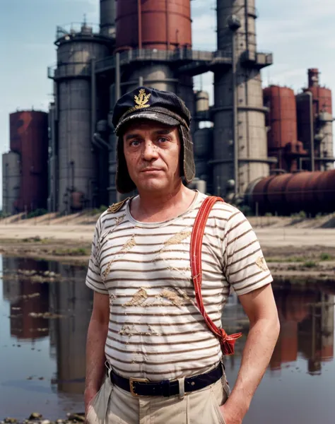 cinematic photo , <lora:quiron_elChavodel8_v2_lora:0.67> ElChavodel8Quiron man, (a man wearing sailor outfit:1.4), at desolate oil refinery, abandoned machinery, oil spills, toxic wasteland, . 35mm photograph, film, bokeh, professional, 4k, highly detailed