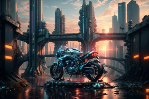 (cyberpunk, a motorcycle with mecha is parked on the bridge, bridge, river, glowing, (ships flying in the sky:0.5), (no humans:1...