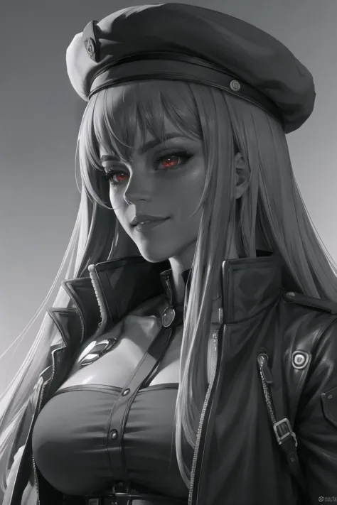 Highly detailed, High Quality, Masterpiece, beautiful, 1girl, rapi \(nikke\), rapidef, red eyes, hat, <lora:rapi-nikke-richy-v1:1>, IncursioGigaLookingLeft, monochrome, greyscale, <lora:Pos_GigachadLookingLeft:1>