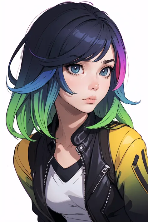 (masterpiece, top quality, best quality, official art, beautiful and aesthetic:1.2), (1girl:1.3), cool jacket, (gradient hair:1....