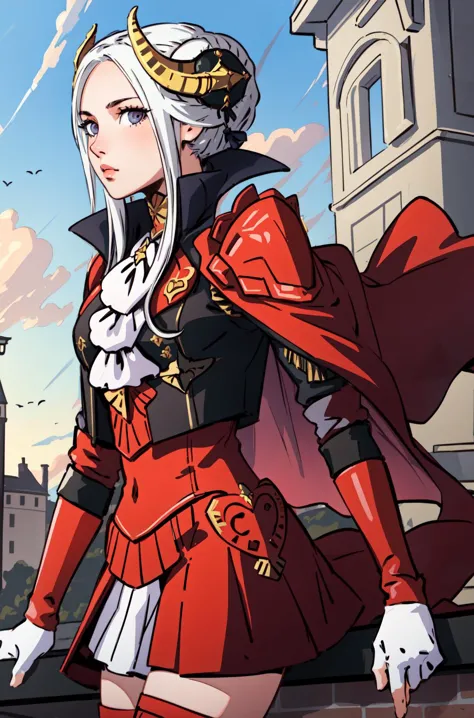 (masterpiece, top quality, best quality, official art, beautiful and aesthetic:1.2), 
1girl,   edelgard_academy, hair ribbon, black jacket, black dress, ascot, red cape, red pantyhose, white gloves, high heels, edelgard_hopes, hair ribbon, hair ornament, armor, red cape, armored skirt, black gloves, armored legwear, edelgard_timeskip, crown, horns, red dress, red gloves, black boots, 
extremely detailed, colorful, (highly detailed CG illustration), (looking at viewer), cinematic light, solo, half body, (character focus), outside